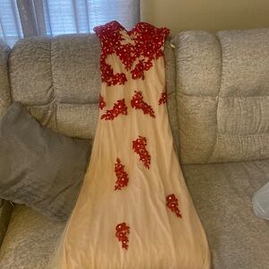 Red and tan prom dress